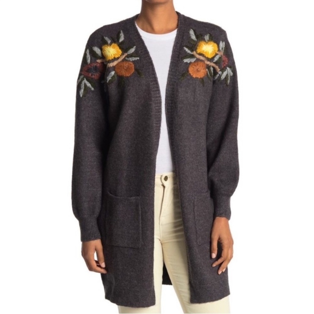 Boundless North Grey Long Floral Embroidered Cardigan Large Style NLJ68020